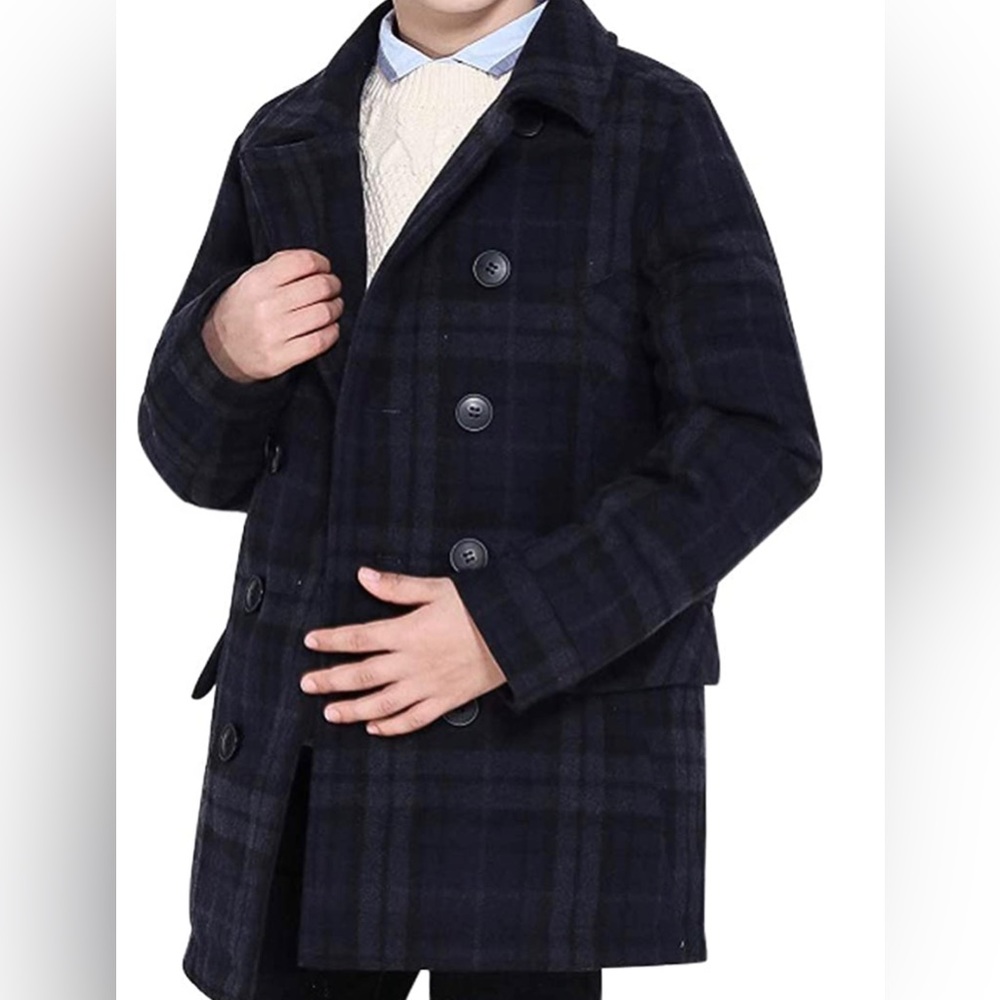Boys Coat Elegant Notched Collar Double Breasted Wool Blend Over Pea Coat